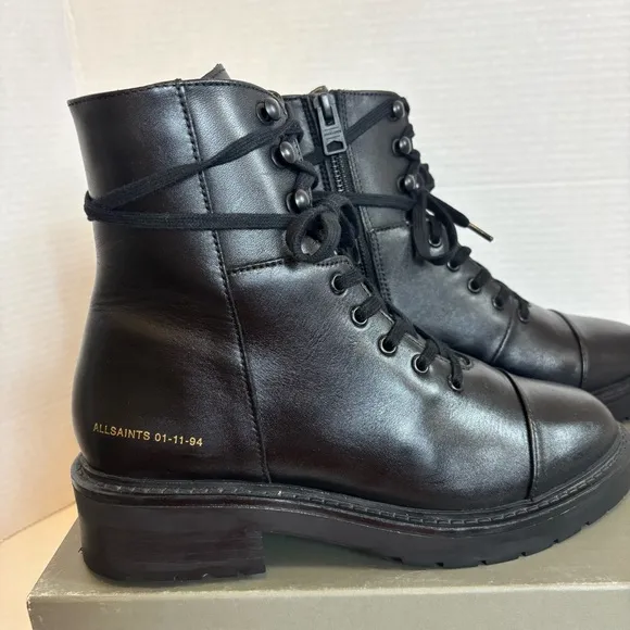 AllSaints Dusty Black Leather Combat Moto Boots size 8