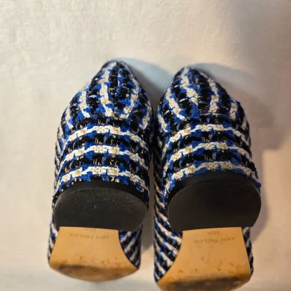 ANN TAYLOR Old Money Officecore TWEED Blue/White Mid-Block Heel Pumps Size 8.5M.