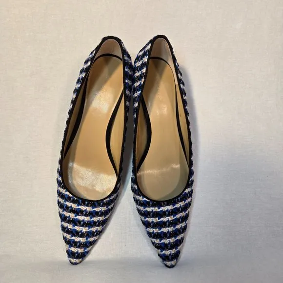 ANN TAYLOR Old Money Officecore TWEED Blue/White Mid-Block Heel Pumps Size 8.5M.