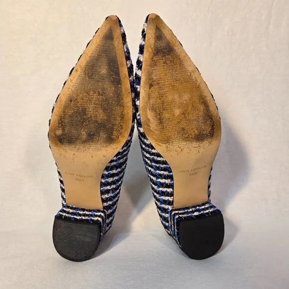 ANN TAYLOR Old Money Officecore TWEED Blue/White Mid-Block Heel Pumps Size 8.5M.