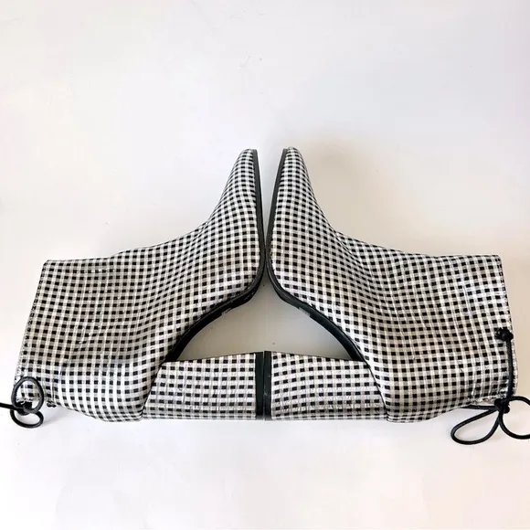 Anthropologie Metallic Check Pointed Toe Ankle Boot Silver Black Block Heel 36