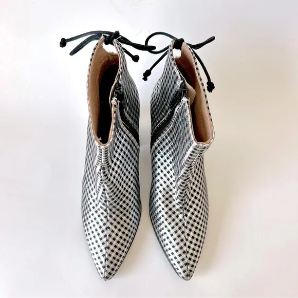 Anthropologie Metallic Check Pointed Toe Ankle Boot Silver Black Block Heel 36