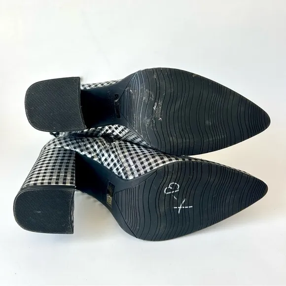 Anthropologie Metallic Check Pointed Toe Ankle Boot Silver Black Block Heel 36