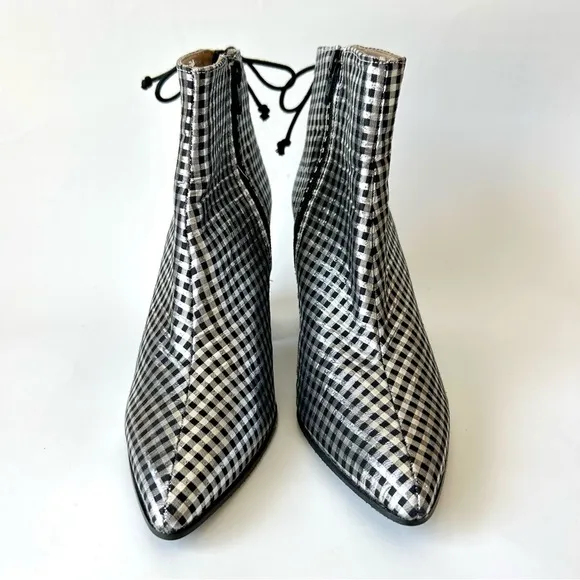 Anthropologie Metallic Check Pointed Toe Ankle Boot Silver Black Block Heel 36