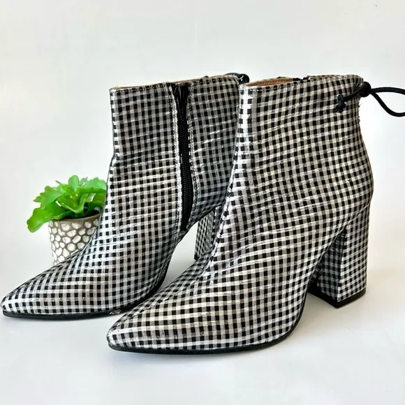 Anthropologie Metallic Check Pointed Toe Ankle Boot Silver Black Block Heel 36