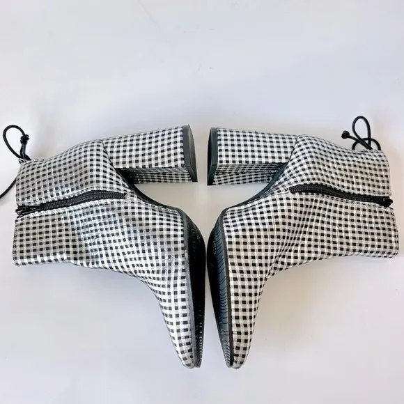 Anthropologie Metallic Check Pointed Toe Ankle Boot Silver Black Block Heel 36