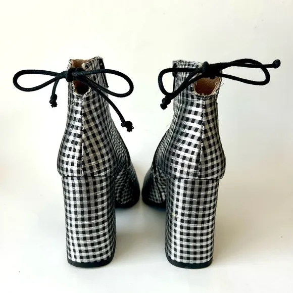 Anthropologie Metallic Check Pointed Toe Ankle Boot Silver Black Block Heel 36