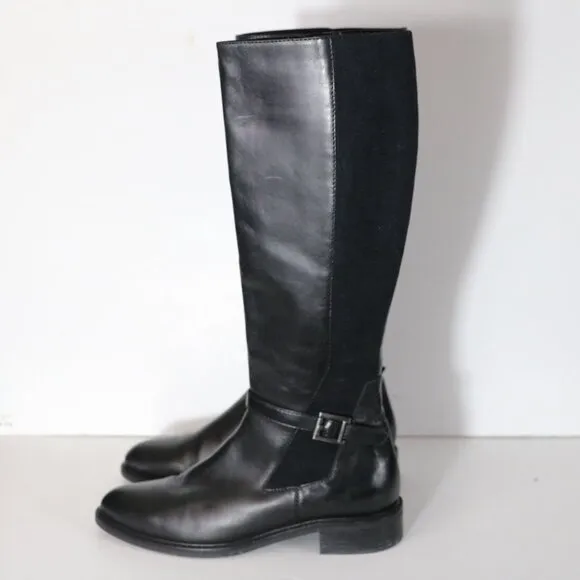 Aquatalia Genna Leather Riding Boots Women 8.5 Black Stretch Classic Zip Up