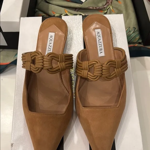 Aquazzura Noah flat Napa suede Tan Mules with Braided Detail size 8.5-9