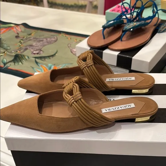 Aquazzura Noah flat Napa suede Tan Mules with Braided Detail size 8.5-9