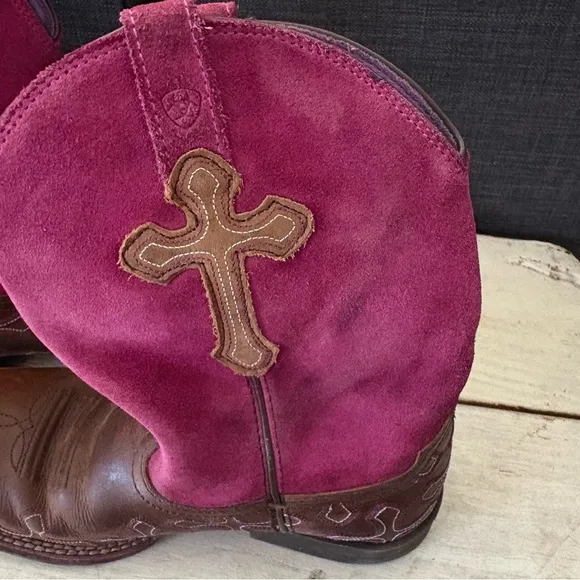 Ariat Brown Leather Square Toe Cross Cowboy Girls Purple Brown Size 3 #1001189