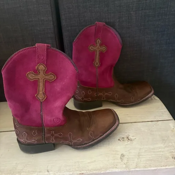 Ariat Brown Leather Square Toe Cross Cowboy Girls Purple Brown Size 3 #1001189