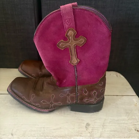 Ariat Brown Leather Square Toe Cross Cowboy Girls Purple Brown Size 3 #1001189