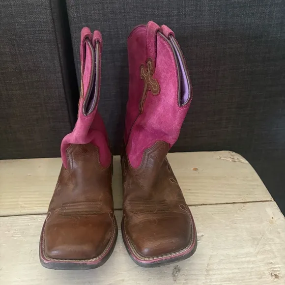 Ariat Brown Leather Square Toe Cross Cowboy Girls Purple Brown Size 3 #1001189