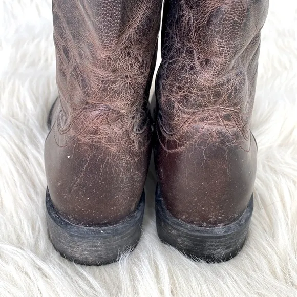 Ariat Brown Leather Stitching Design Block Heel Western Boots Pull On Men’s sz 7