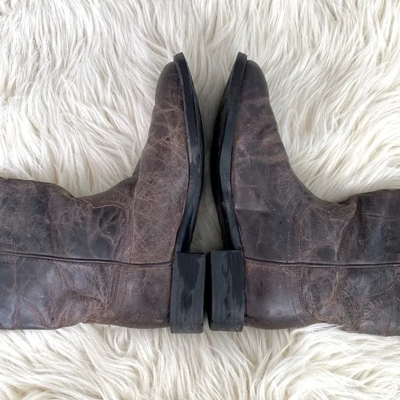 Ariat Brown Leather Stitching Design Block Heel Western Boots Pull On Men’s sz 7