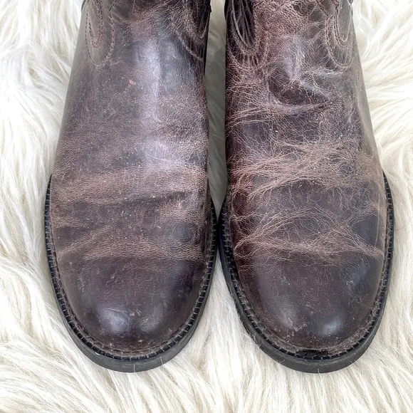 Ariat Brown Leather Stitching Design Block Heel Western Boots Pull On Men’s sz 7