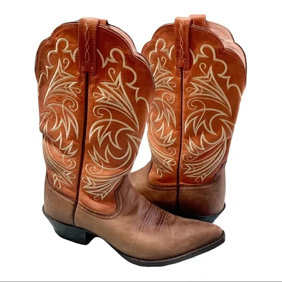 ARIAT Cowboy Western Boots Two-Tone Scroll Stitched Brown/Cinnamon Size 6.5