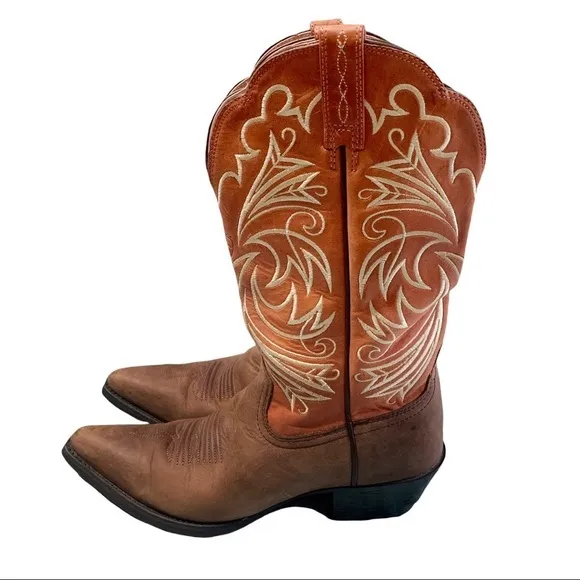 ARIAT Cowboy Western Boots Two-Tone Scroll Stitched Brown/Cinnamon Size 6.5