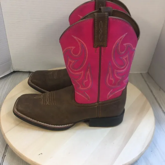 Ariat Pink &amp; Brown Square Toe Cowgirl Western Boots Size Girl's 3