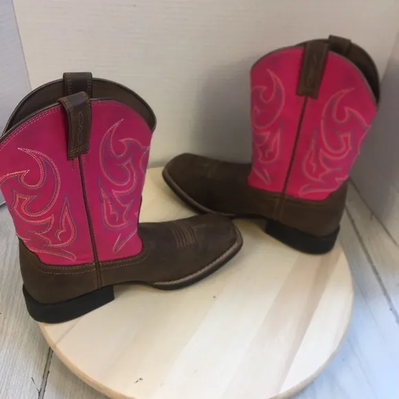 Ariat Pink &amp; Brown Square Toe Cowgirl Western Boots Size Girl's 3