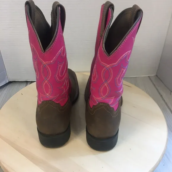 Ariat Pink &amp; Brown Square Toe Cowgirl Western Boots Size Girl's 3