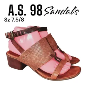 A.S.98 7.5/8 Well Loved Ankle Buckle Distressed Cognac Brn Leather Heel Sandals
