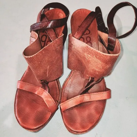 A.S.98 7.5/8 Well Loved Ankle Buckle Distressed Cognac Brn Leather Heel Sandals