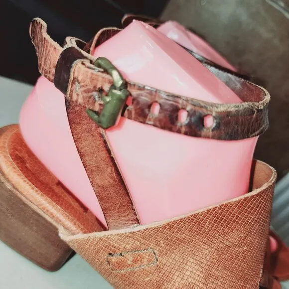A.S.98 7.5/8 Well Loved Ankle Buckle Distressed Cognac Brn Leather Heel Sandals