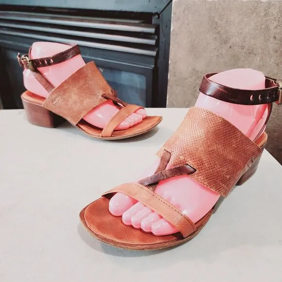 A.S.98 7.5/8 Well Loved Ankle Buckle Distressed Cognac Brn Leather Heel Sandals
