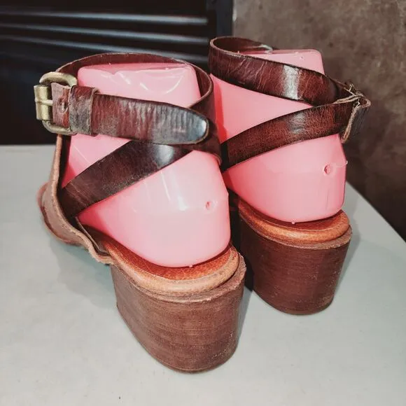 A.S.98 7.5/8 Well Loved Ankle Buckle Distressed Cognac Brn Leather Heel Sandals