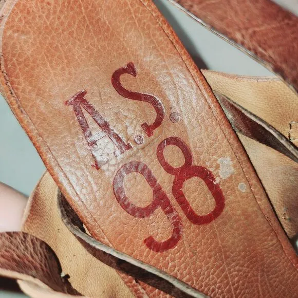 A.S.98 7.5/8 Well Loved Ankle Buckle Distressed Cognac Brn Leather Heel Sandals
