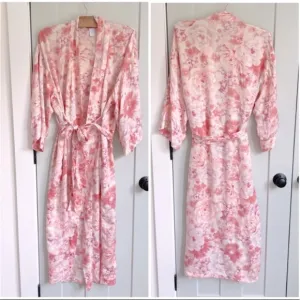 August Silk Intimates 100% Silk Nightgown Dressing Robe Pink / Ivory Cream Small