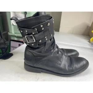 Avellini Women's Black Leather Round Toe Side Zip Buckle Detail Boots Size 38