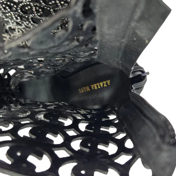 Azalea Wang Boots Size 8.5 Black Rhinestone Money Dollar Bling Glitz Heel Open