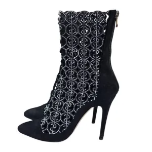Azalea Wang Boots Size 8.5 Black Rhinestone Money Dollar Bling Glitz Heel Open