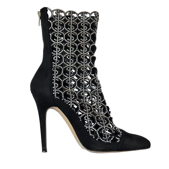 Azalea Wang Boots Size 8.5 Black Rhinestone Money Dollar Bling Glitz Heel Open