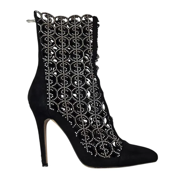 Azalea Wang Boots Size 8.5 Black Rhinestone Money Dollar Bling Glitz Heel Open