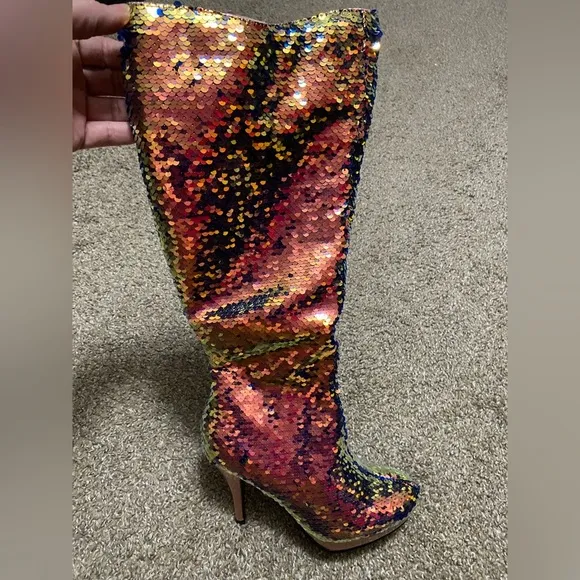 🦋B2G1🦋ELLIE SHOES 4' Rose Gold Mermaid Flip Sequins Knee High Boot | 421-GILLIAN