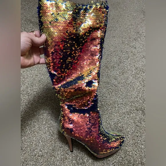 🦋B2G1🦋ELLIE SHOES 4' Rose Gold Mermaid Flip Sequins Knee High Boot | 421-GILLIAN