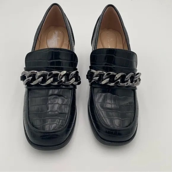 Bandolino Misha Croc Print Slip On Loafers Chunky Block Heeled Shoes Black 6.5