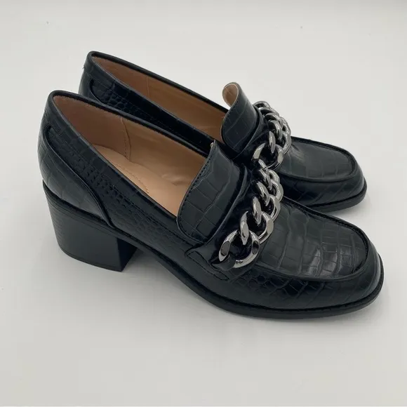 Bandolino Misha Croc Print Slip On Loafers Chunky Block Heeled Shoes Black 6.5