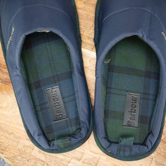 BARBOUR of England Navy Slippers Plaid Inner Men's Size 12 EUC