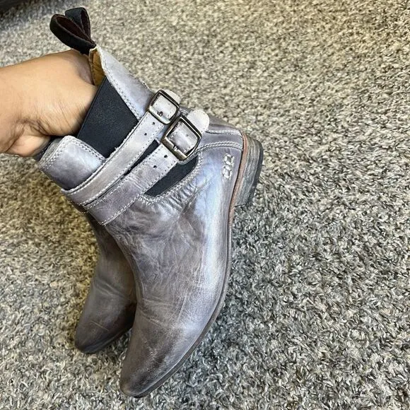 Bed Stu Ravine Ankle Boots Pointed Toe Western Buckle Gray Distressed Leather 6