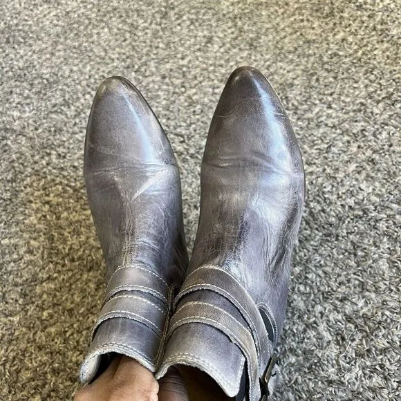 Bed Stu Ravine Ankle Boots Pointed Toe Western Buckle Gray Distressed Leather 6