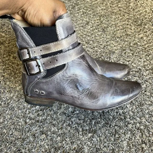 Bed Stu Ravine Ankle Boots Pointed Toe Western Buckle Gray Distressed Leather 6