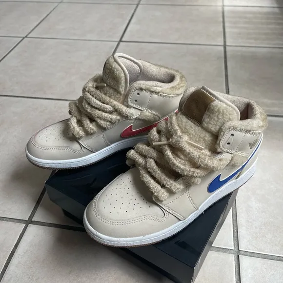 Beige High-Top Sneakers with Fuzzy Laces