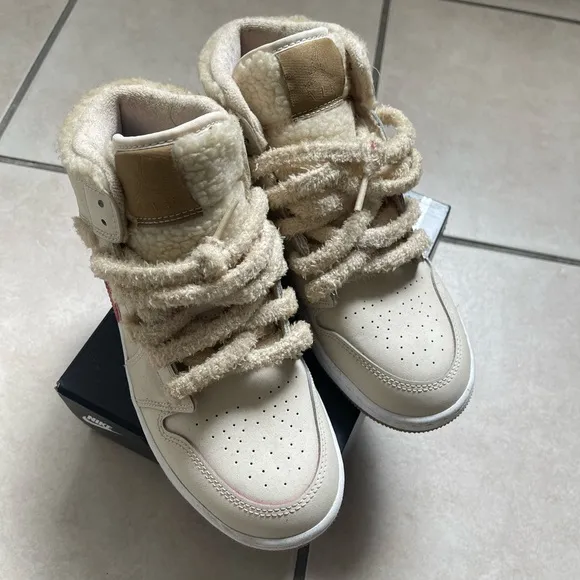Beige High-Top Sneakers with Fuzzy Laces