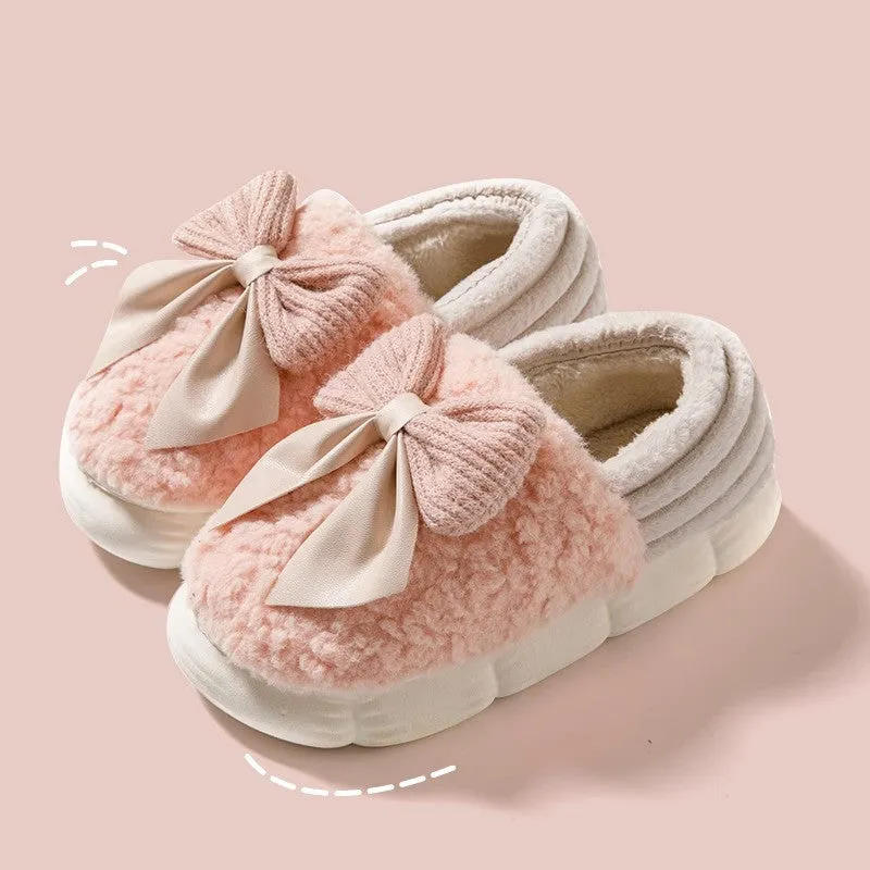 Big Bow-knot Fluffy Winter Warm Covered Heel Cotton Thick-soled Platform Slippers, Indoor and Outdoor Garden Walking Shoes