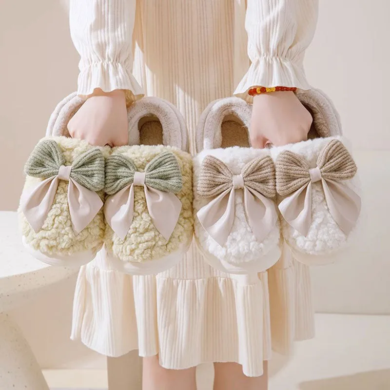 Big Bow-knot Fluffy Winter Warm Covered Heel Cotton Thick-soled Platform Slippers, Indoor and Outdoor Garden Walking Shoes